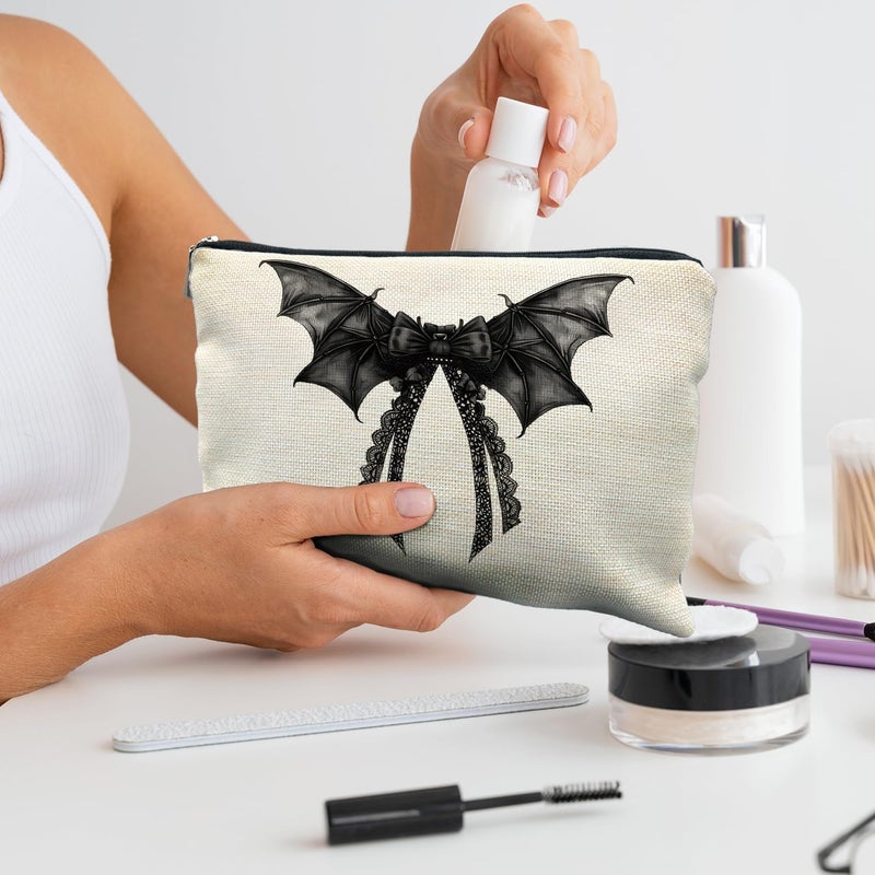 RYYCDOI Halloween Coquette Lace Bow Bat Cosmetic Bag - Gothic Black, Girly Makeup Pouch - Image 4